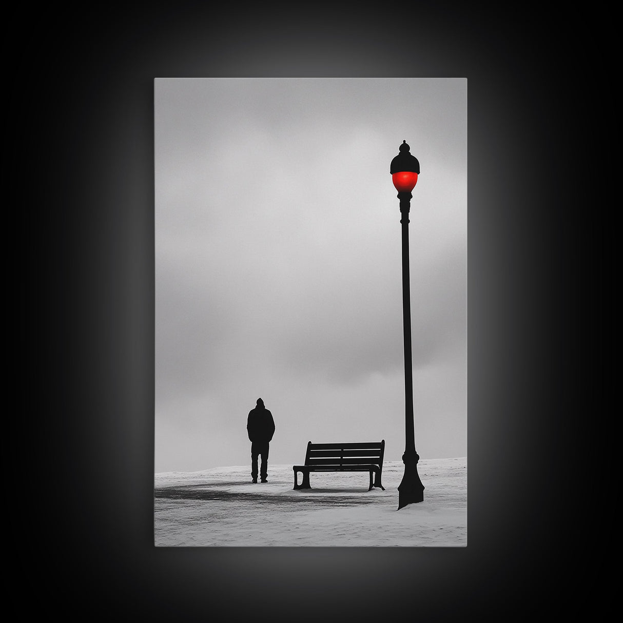 Red Street Lamp, Snowy Walkway, Silhouette Scene, Framed Canvas Print, Moody Wall Art, Minimalist Decor, Winter Vibes, Bedroom Accent
