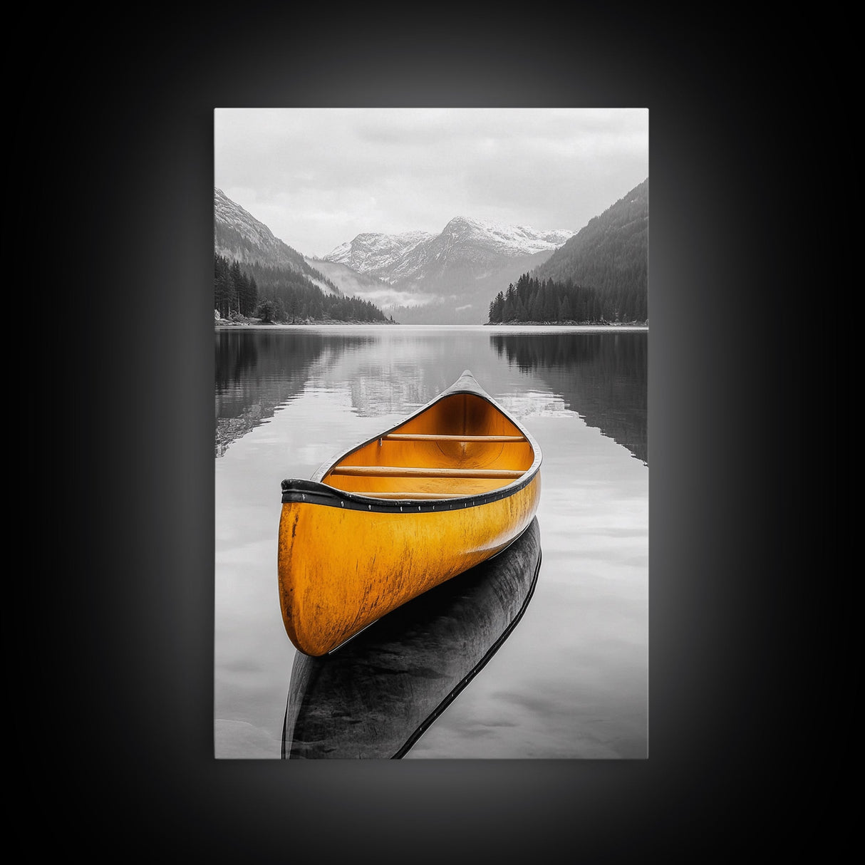 Yellow Canoe Lake, Misty Mountain Art, Canvas Print, Adventure Decor, Cabin Living Wall Art, Rustic Landscape Photo