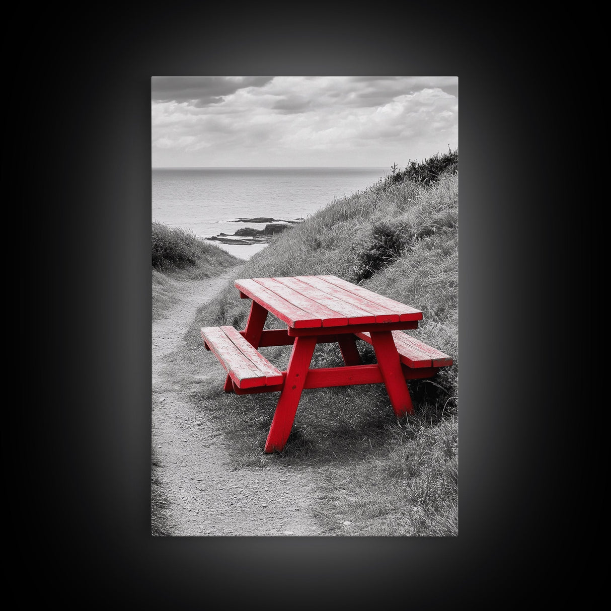 Red Picnic Bench, Ocean View Path, Seaside Escape, Vibrant Accent, Framed Canvas Print, Beach House Wall Art, Modern Coastal Decor