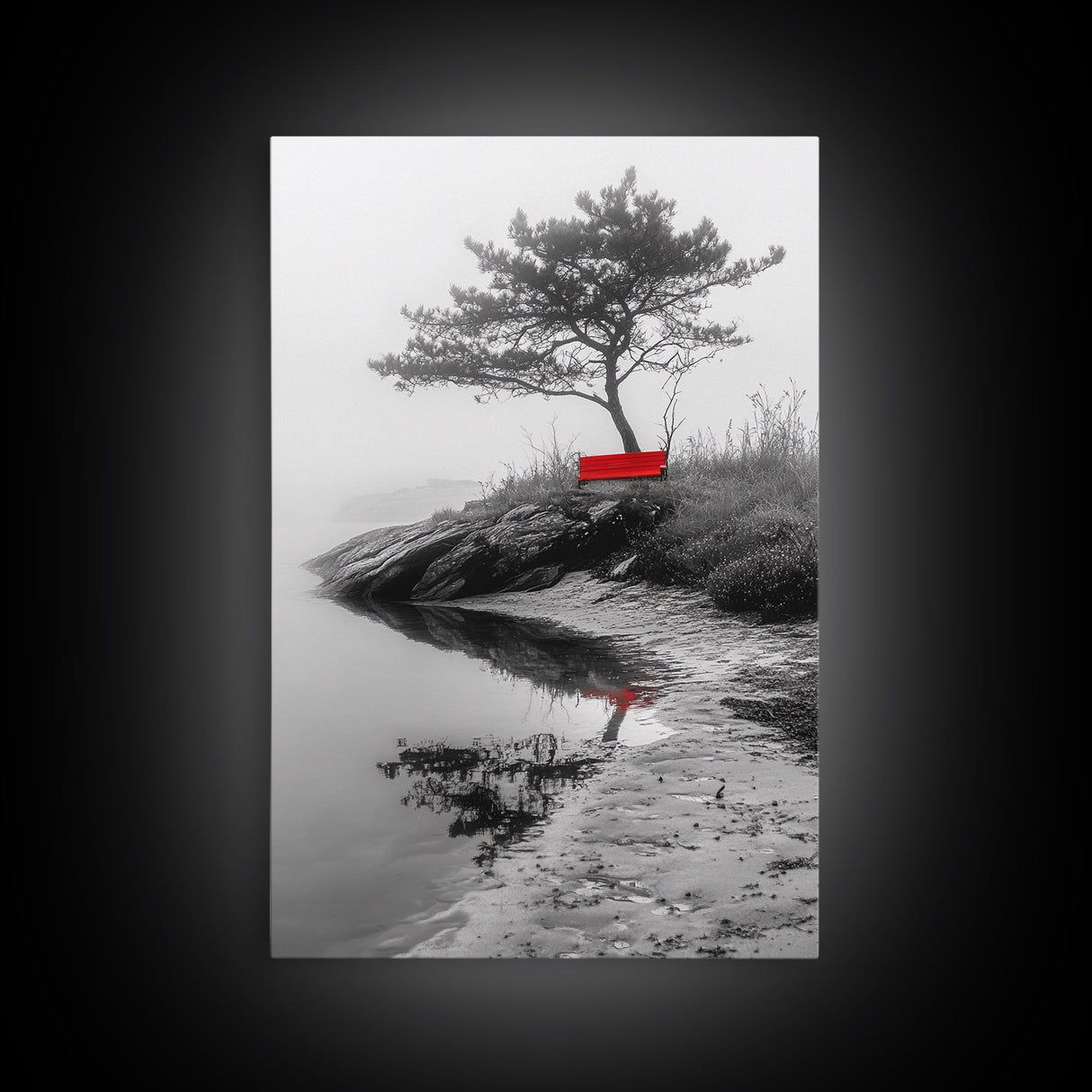 Red Bench, Misty Shore, Solitude Scene, Moody Fog Art, Framed Canvas Print, Minimalist Wall Art, Meditative Decor, Entryway Accent