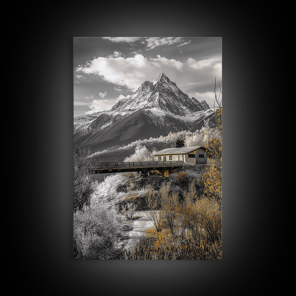 Mountain Escape, Cabin Retreat, Black White Landscape, Framed Canvas Print, Rustic Cabin Art, Bedroom Wall Decor, Nature Lodge Decor