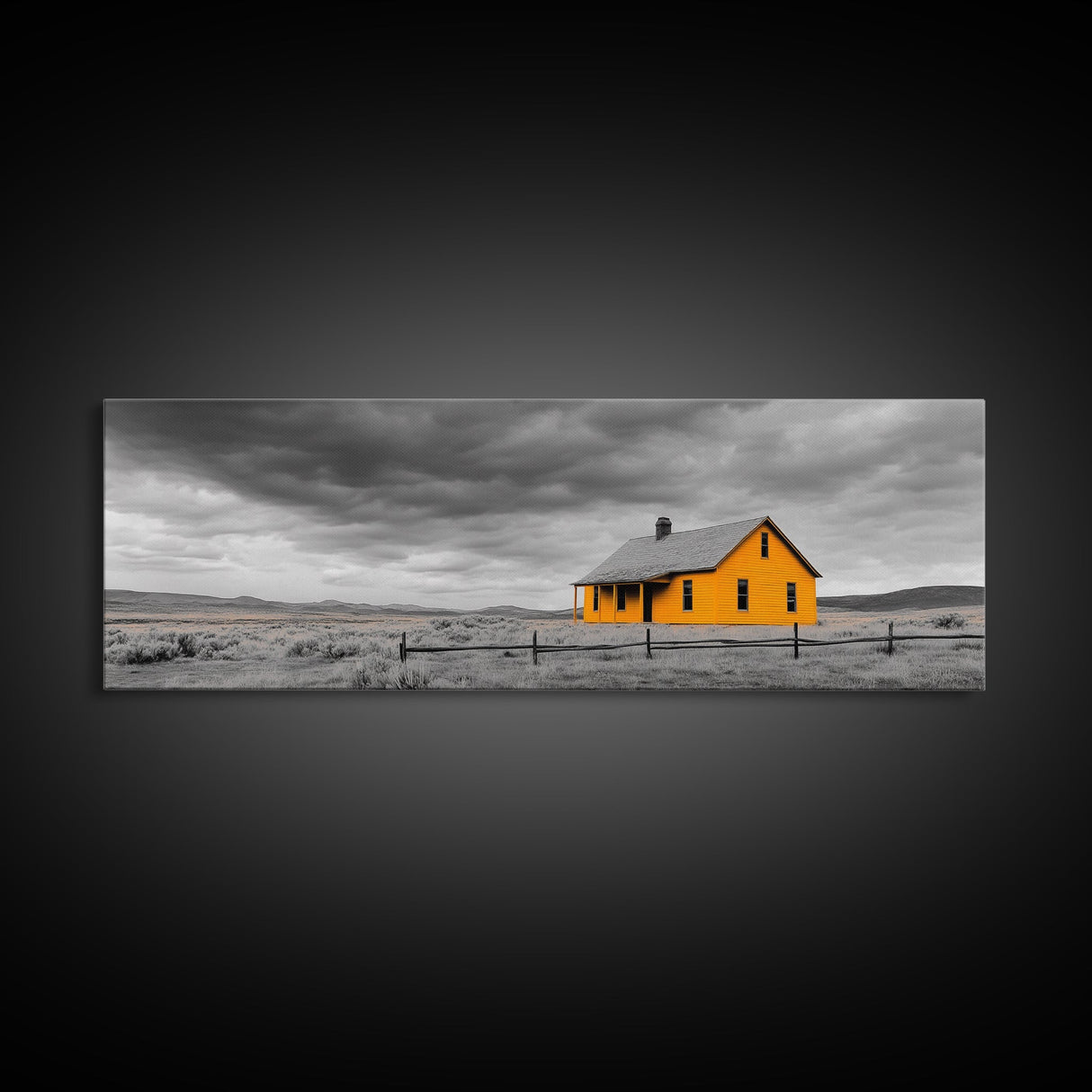 Yellow House, Stormy Sky, Minimalist Landscape, Rural Farmhouse, Framed Canvas Print, Rustic Wall Decor, Living Room Wall Art