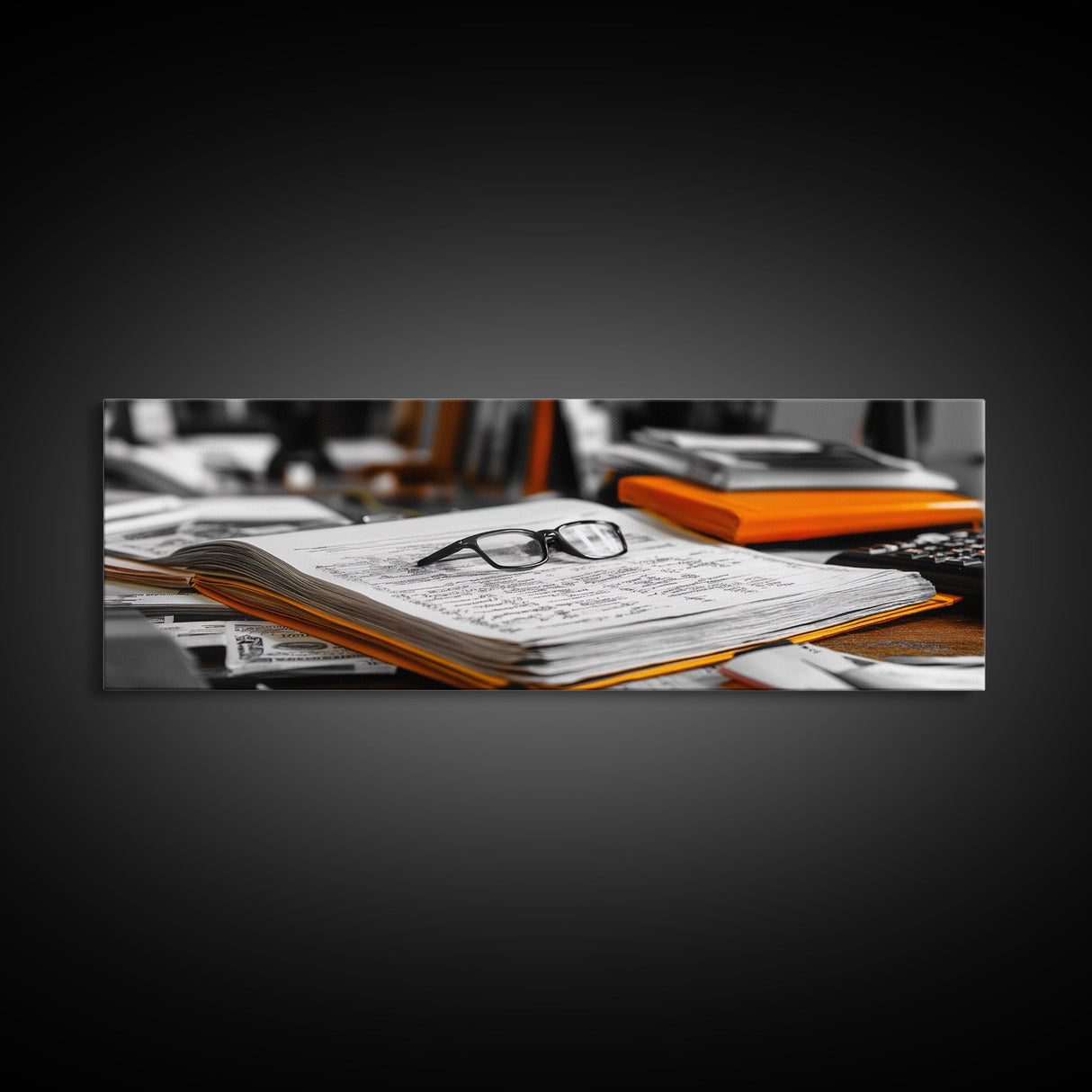 Open Book, Glasses, Orange Folders, Writer Desk, Framed Canvas Print, Study Room Wall Art, Vintage Academic Aesthetic