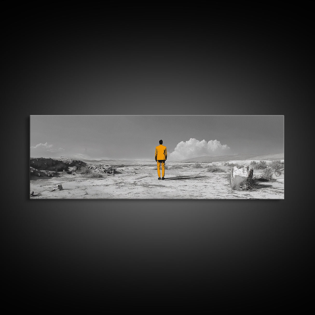 Yellow Suit, Surreal Desert, Lone Wanderer, Conceptual Art — Framed Canvas Print, Modern Art, Office Decor, Minimalist Statement Piece