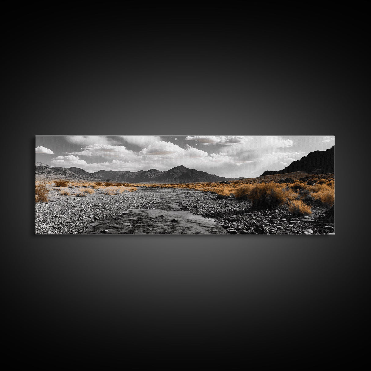 Desert Creek, Rugged Mountains, Golden Shrubs, Nature Path — Framed Canvas Print, Autumn Wall Decor, Rustic Office Art, Landscape Canvas
