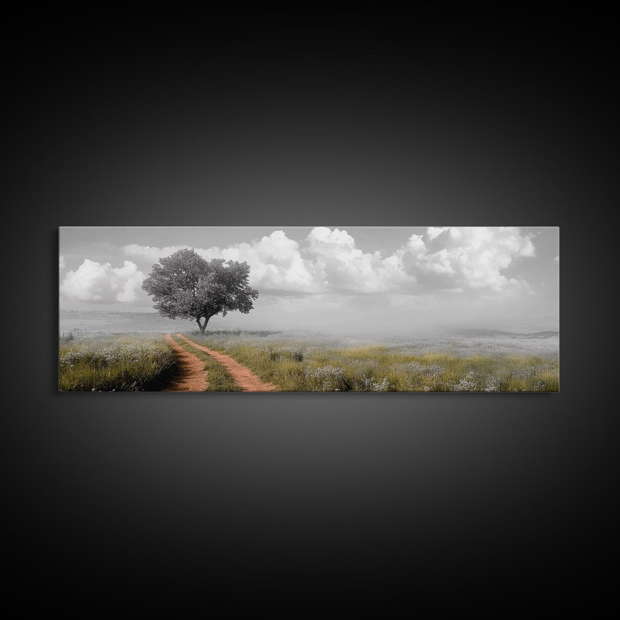 Lone Tree, Meadow Path, Dreamy Field, Cloudy Sky, Framed Canvas Print, Calm Decor, Entryway Wall Art, Soft Focus Nature