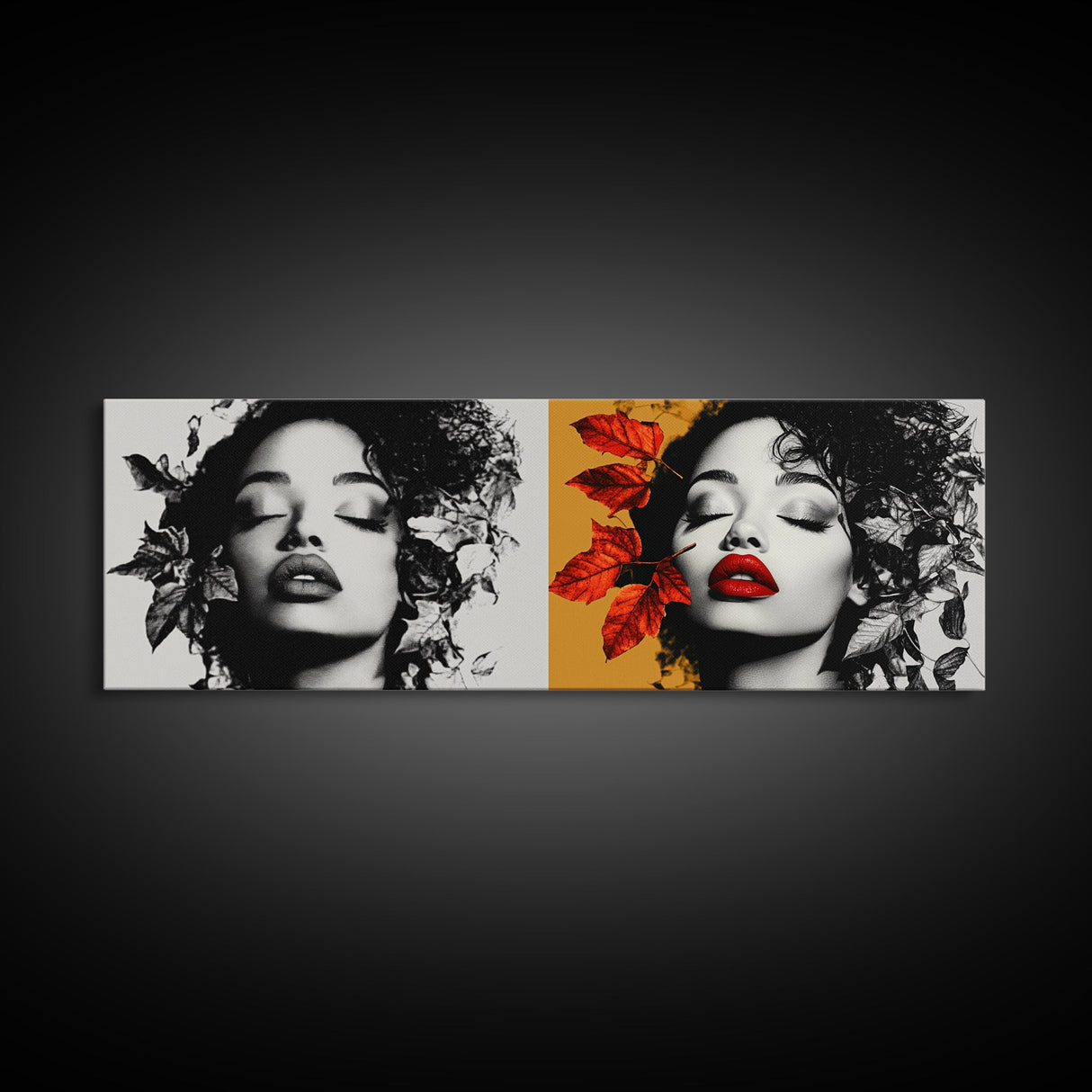Autumn Leaves, Bold Lips Portrait, Fashion Face Art, Framed Canvas Print, Fall Wall Decor, Modern Bedroom Art, Boho Glam Aesthetic