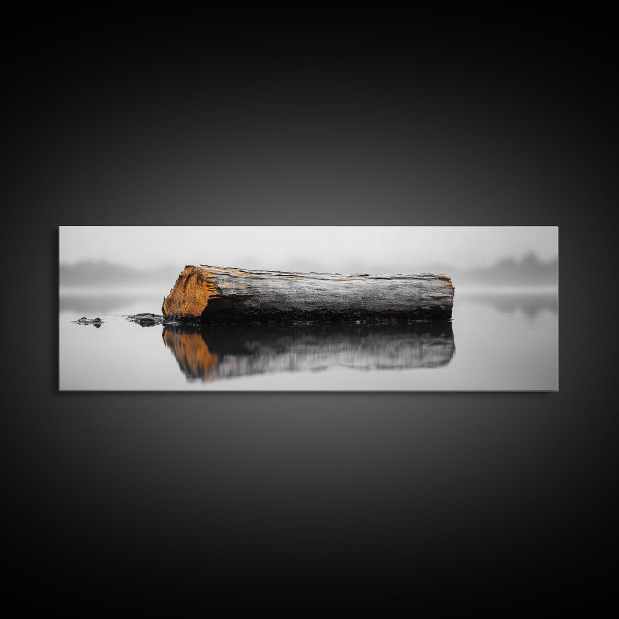 Weathered Log Reflection, Calm Lake Scene, Canvas Print, Minimalist Nature Photography, Zen Bathroom Wall Art, Serene Rustic Decor