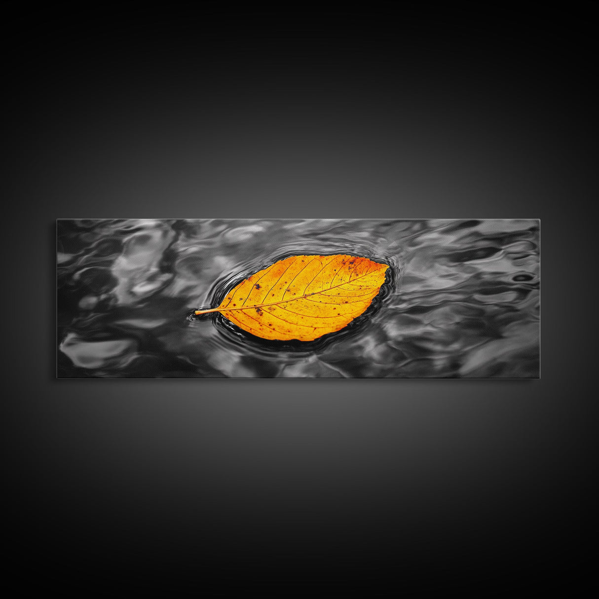 Floating Autumn Leaf, Orange Leaf on Water, Framed Canvas Print, Fall Bathroom Wall Art, Nature Closeup Photography, Minimalist Decor