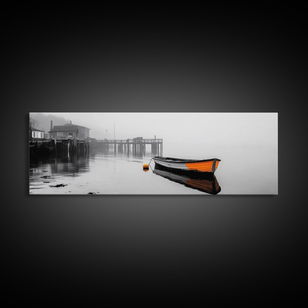 Harbor Rowboat Reflection, Foggy Dock Scene, Framed Canvas Print, Coastal Minimalist Wall Art, Seaside Entryway Decor, Moody Ocean Art