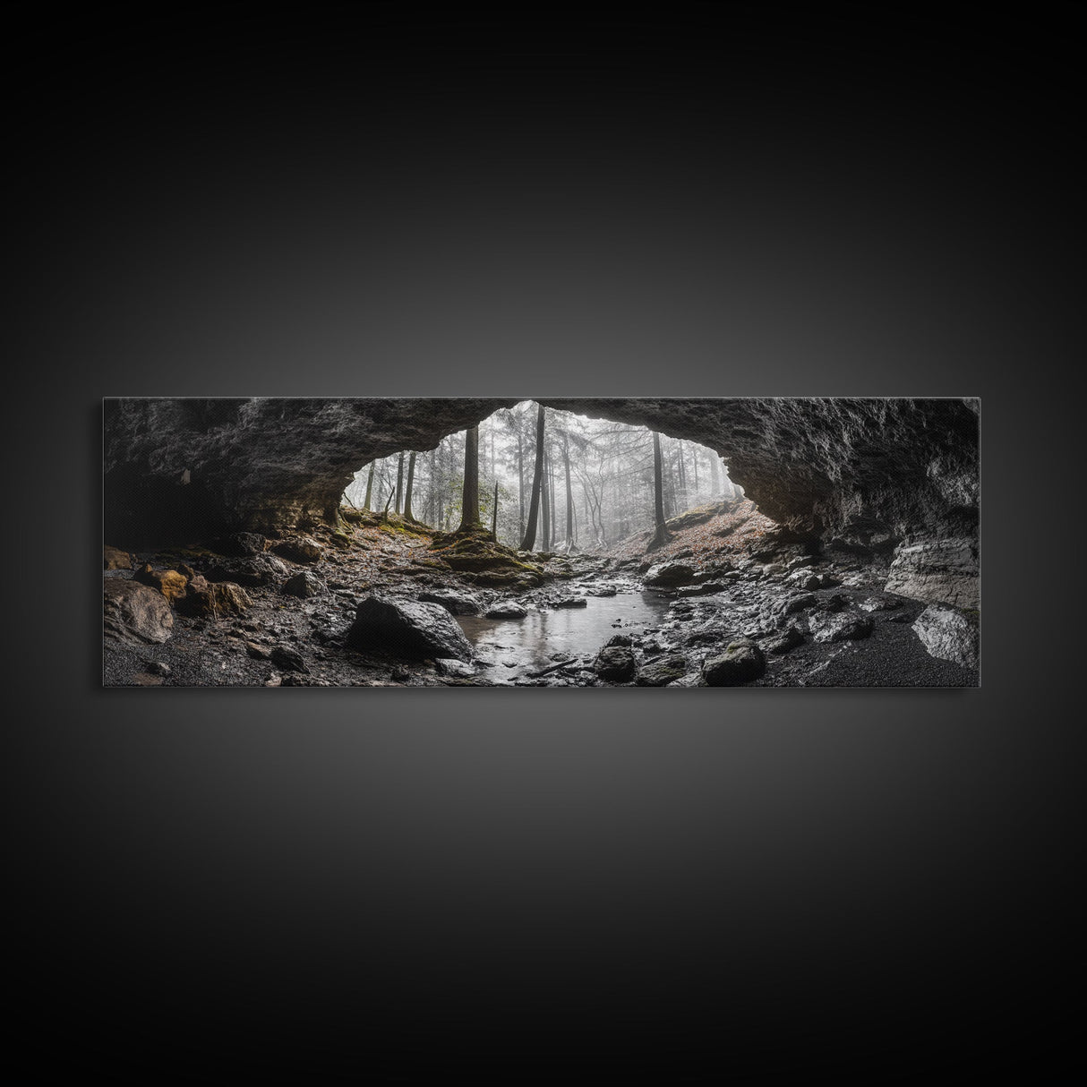 Forest Cave, Woodland Stream, Natural Light, Hidden Path, Framed Canvas Print, Cabin Wall Art, Rustic Decor, Adventure Photography