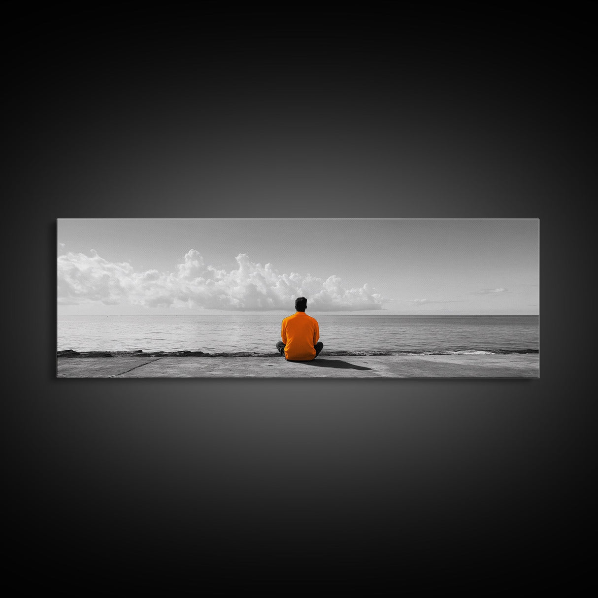 Orange Jacket, Solitude Man, Sea Gaze, Minimal Mood, Framed Canvas Print, Office Wall Art, Modern Decor, Reflective Photography