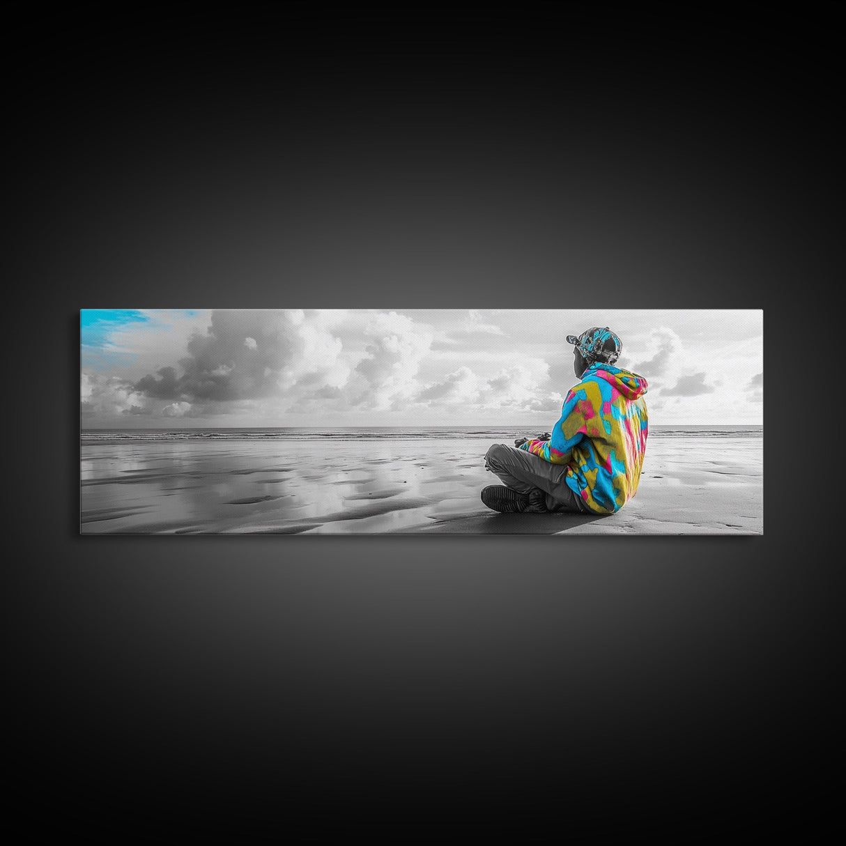 Colorful Hoodie, Peaceful Ocean, Reflective Moment, Street Style, Framed Canvas Print, Boho Wall Art, Teen Bedroom Decor
