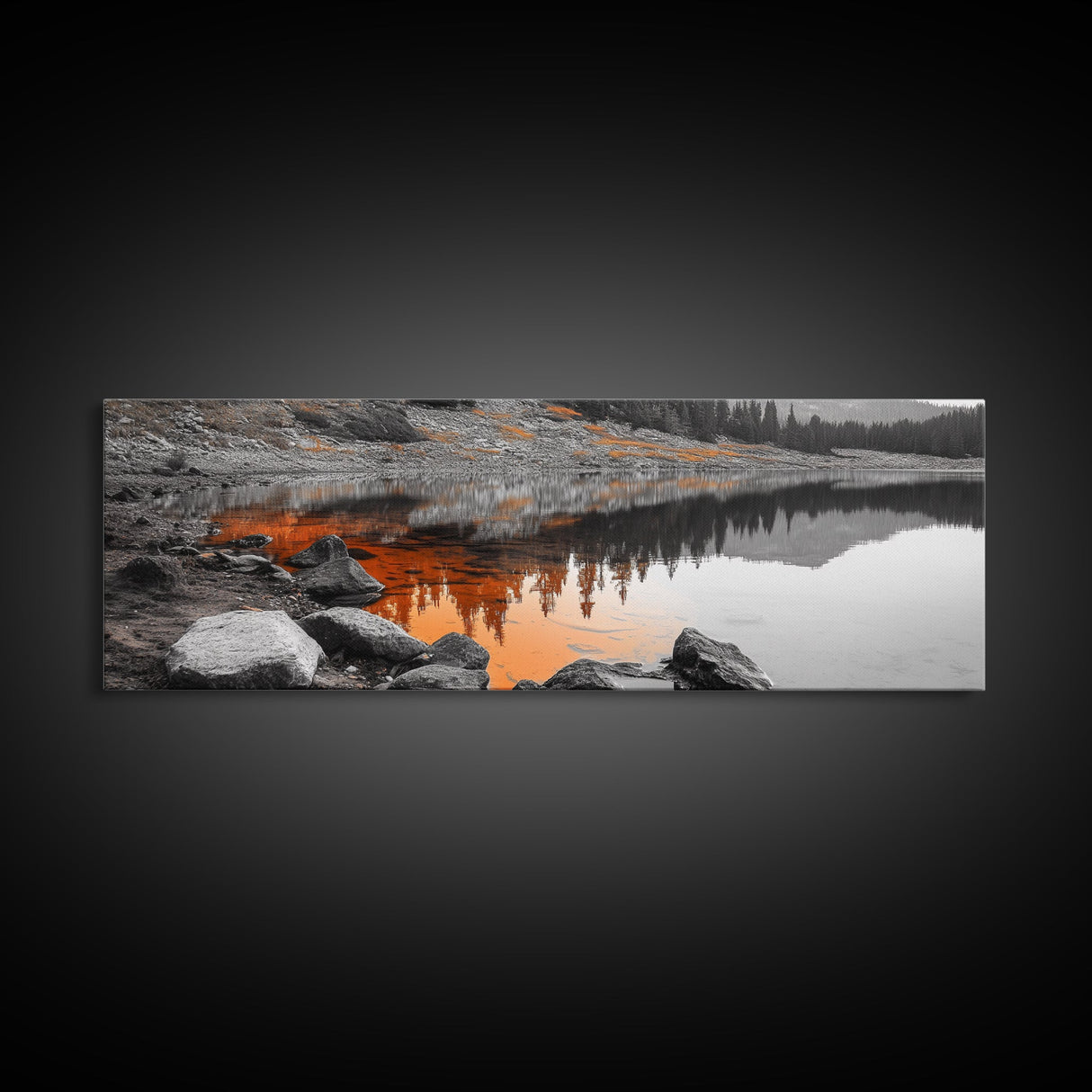 Orange Reflection Lake, Rocky Shoreline, Autumn Forest View, Canvas Print, Nature Photography, Rustic Wall Art, Cabin Living Room Decor
