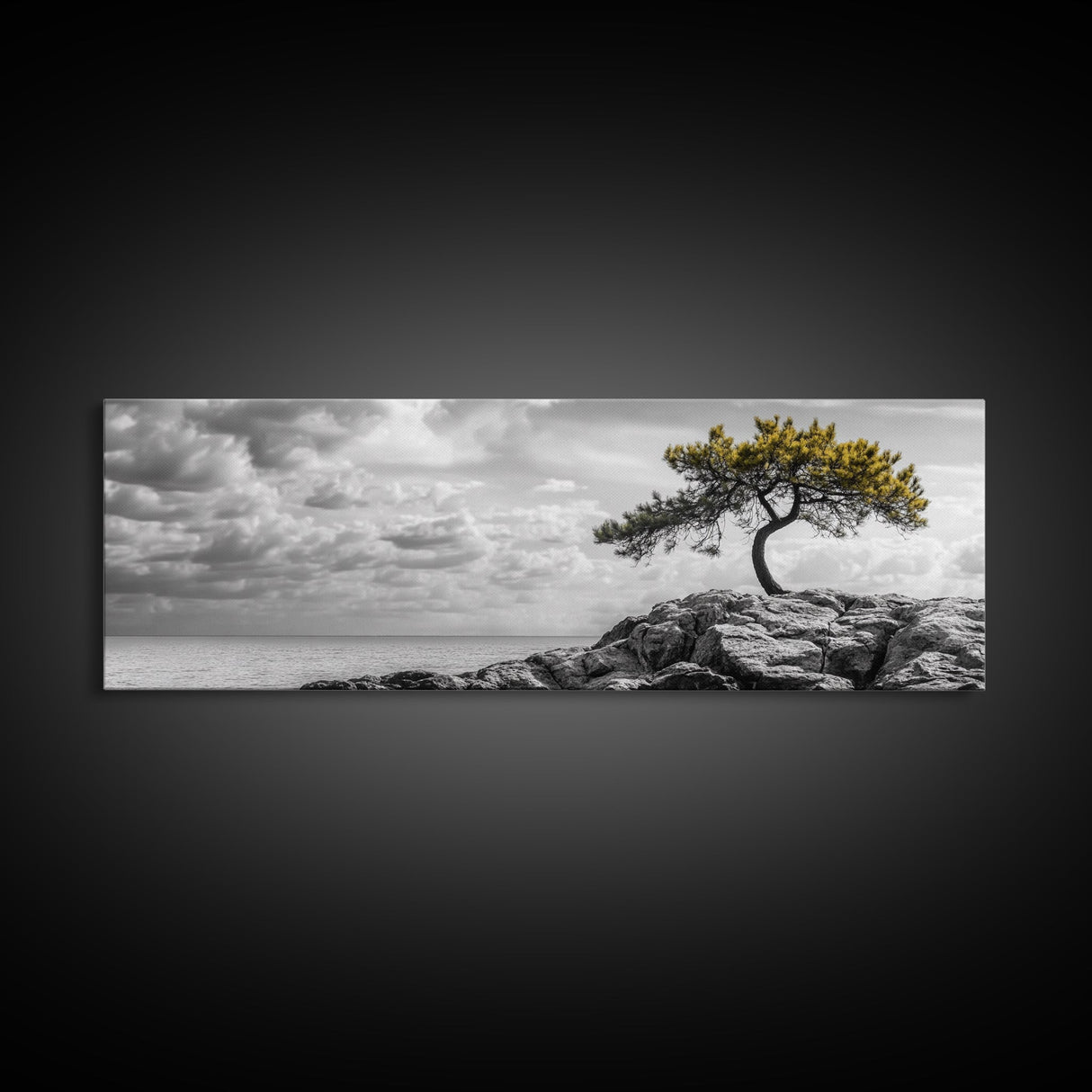 Lone Tree Cliff, Windy Ocean View, Golden Branches, Canvas Print, Moody Landscape Art, Neutral Tones, Office Wall Decor, Minimalist Style