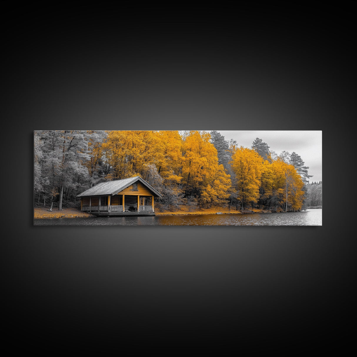 Fall Forest Cabin, Golden Autumn Trees, Riverside Retreat, Framed Canvas Print, Rustic Country Wall Art, Living Room Cabin Decor