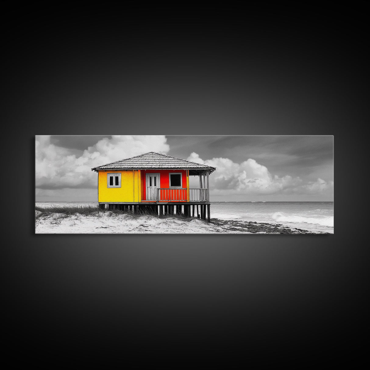 Yellow Cabin, Seaside Shack, Color Pop, Coastal Vibes, Framed Canvas Print, Beach House Wall Art, Bold Nautical Decoretic