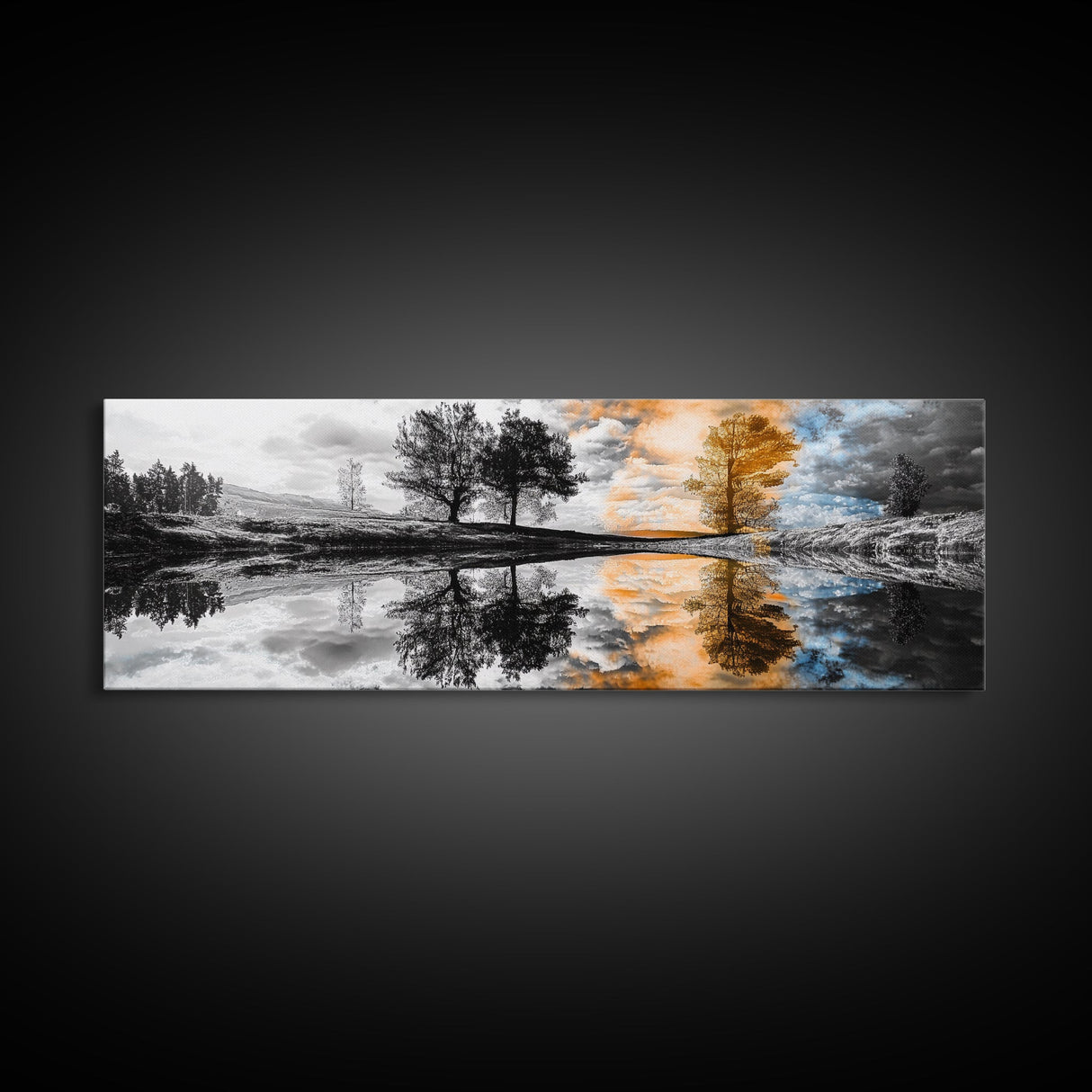 Surreal Reflection, Tree Silhouettes, Split Sky, Framed Canvas Print, trippy landscape art, black and white dreamy wall decor