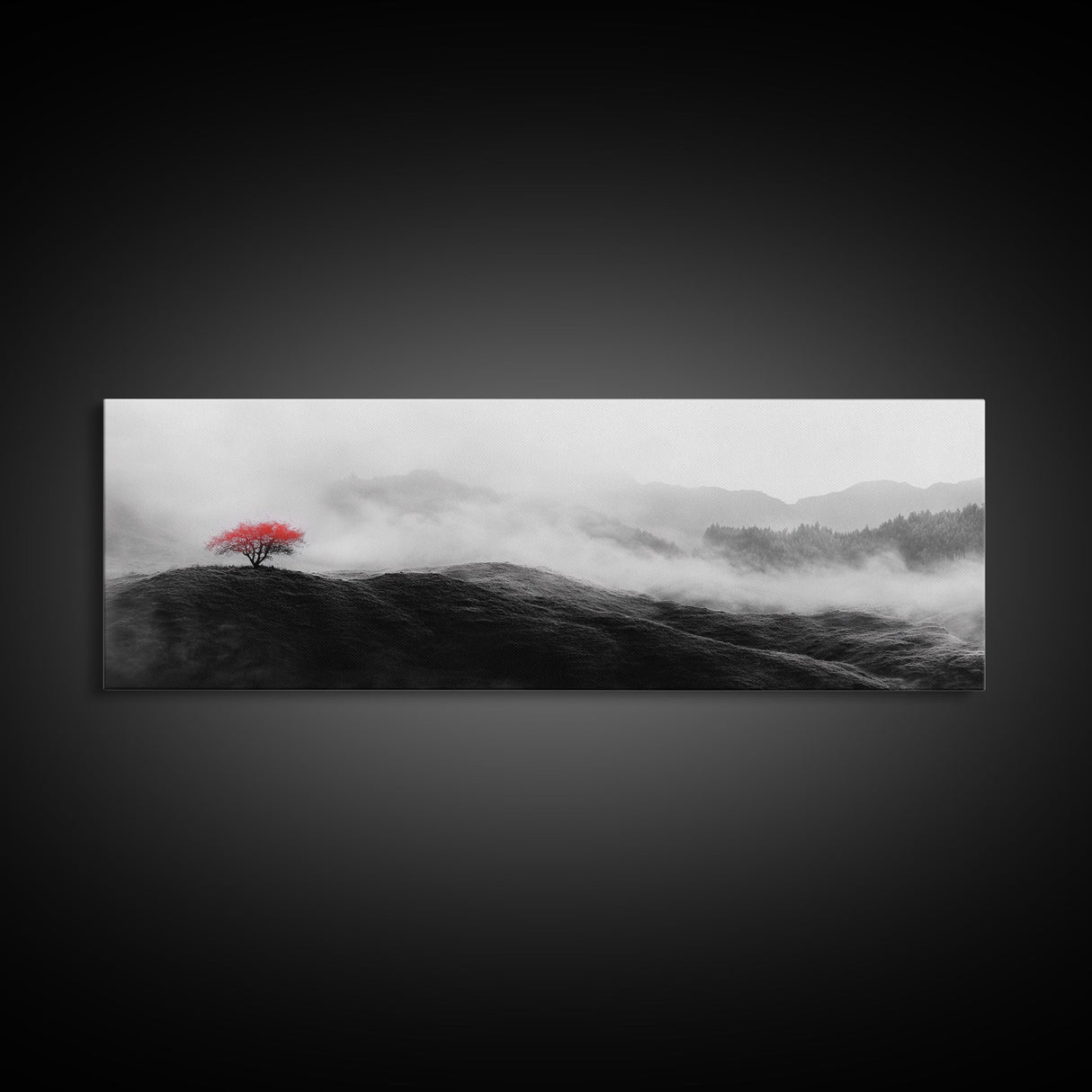 Lone Red Tree, Misty Hills, Minimalist Landscape, Framed Canvas Print, serene bedroom wall art, abstract black and white decor