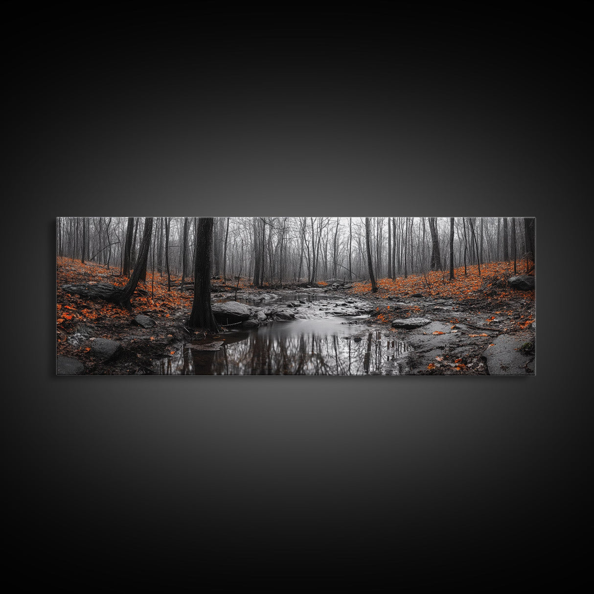 Autumn Forest Stream, Bare Trees, Orange Leaves, Framed Canvas Print, Fall Wall Art, Cozy Nature Scene, Entryway Decor