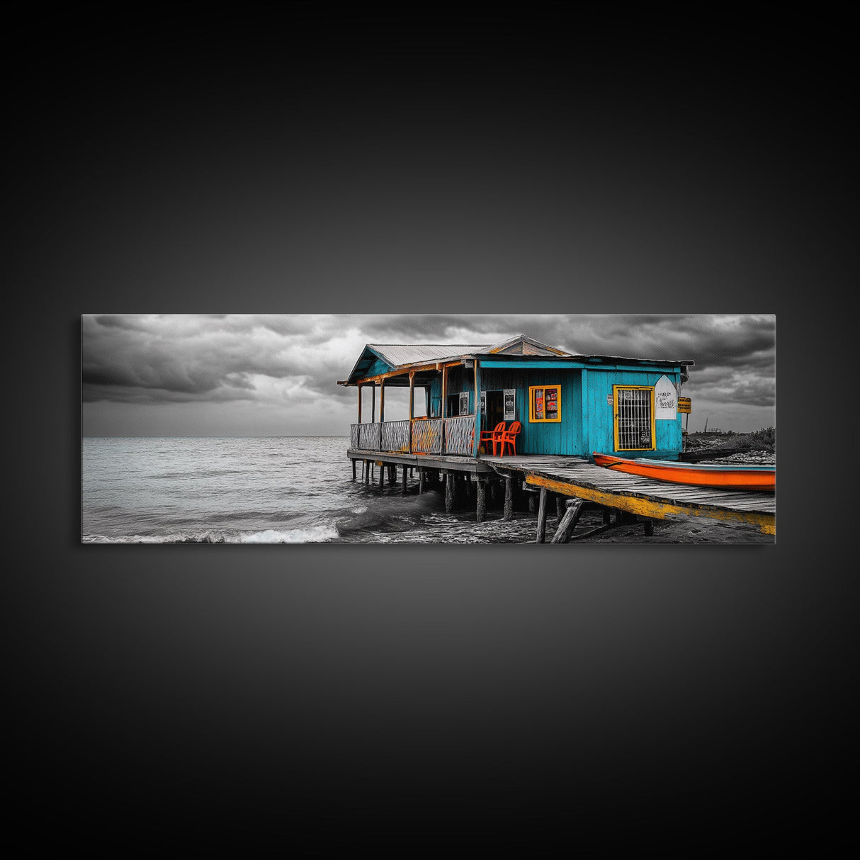 Rustic Shack, Ocean Pier, Stormy Skies, Tropical Retreat, Framed Canvas Print, Nautical Wall Art, Beach Cabin Decor, Lake House Style