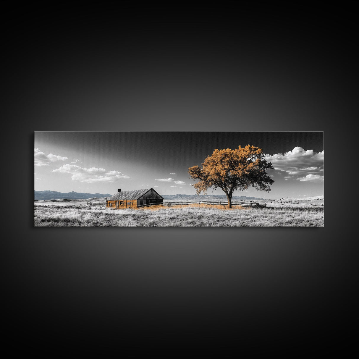 Prairie Cabin, Golden Tree, Rural Landscape, Open Sky, Framed Canvas Print, Country Decor, Farmhouse Wall Art, Rustic Bedroom Style