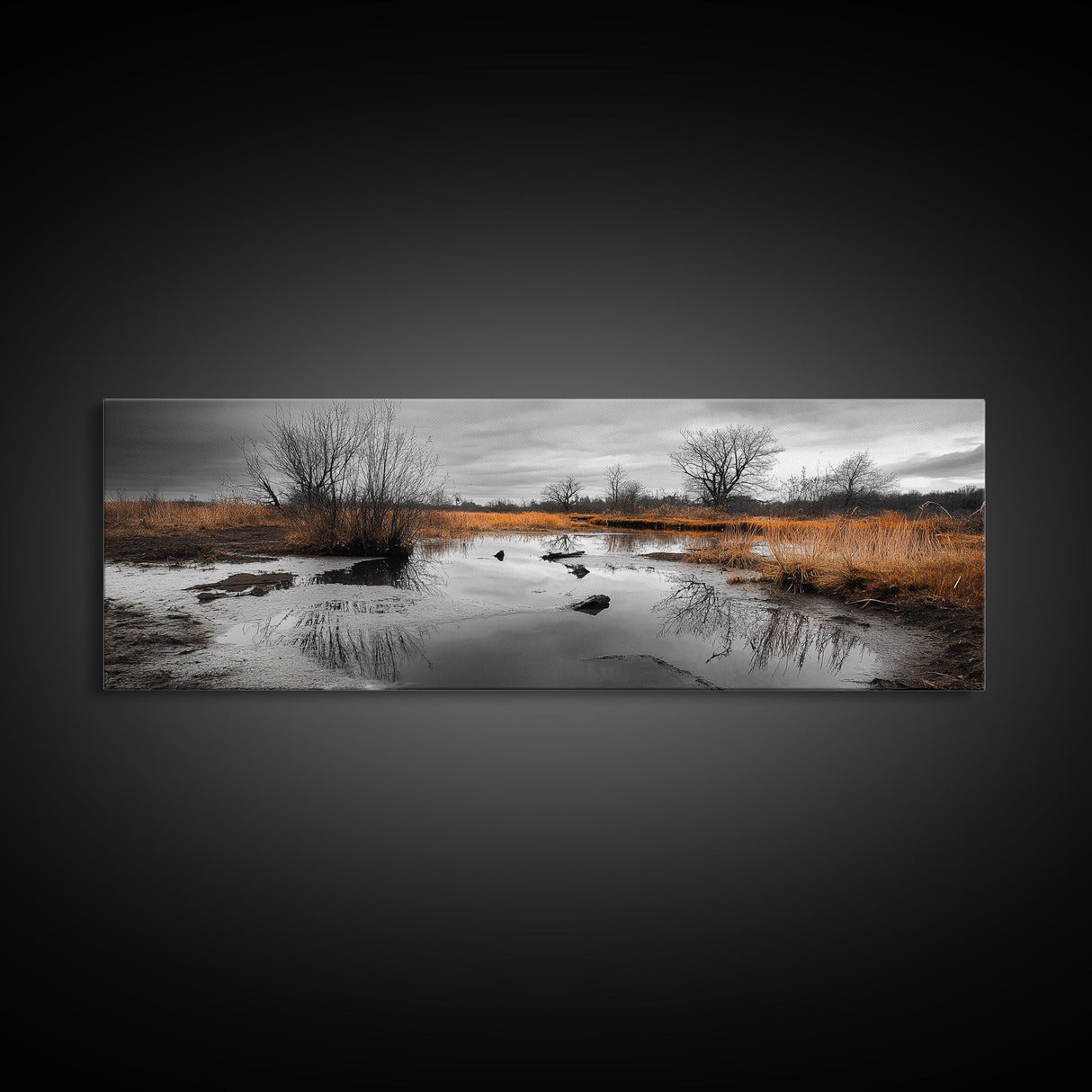 Marshland Autumn, Nature Landscape, Golden Hour Swamp View, Framed Canvas Print, Rustic Fall Home Decor, Entryway or Office Wall Art