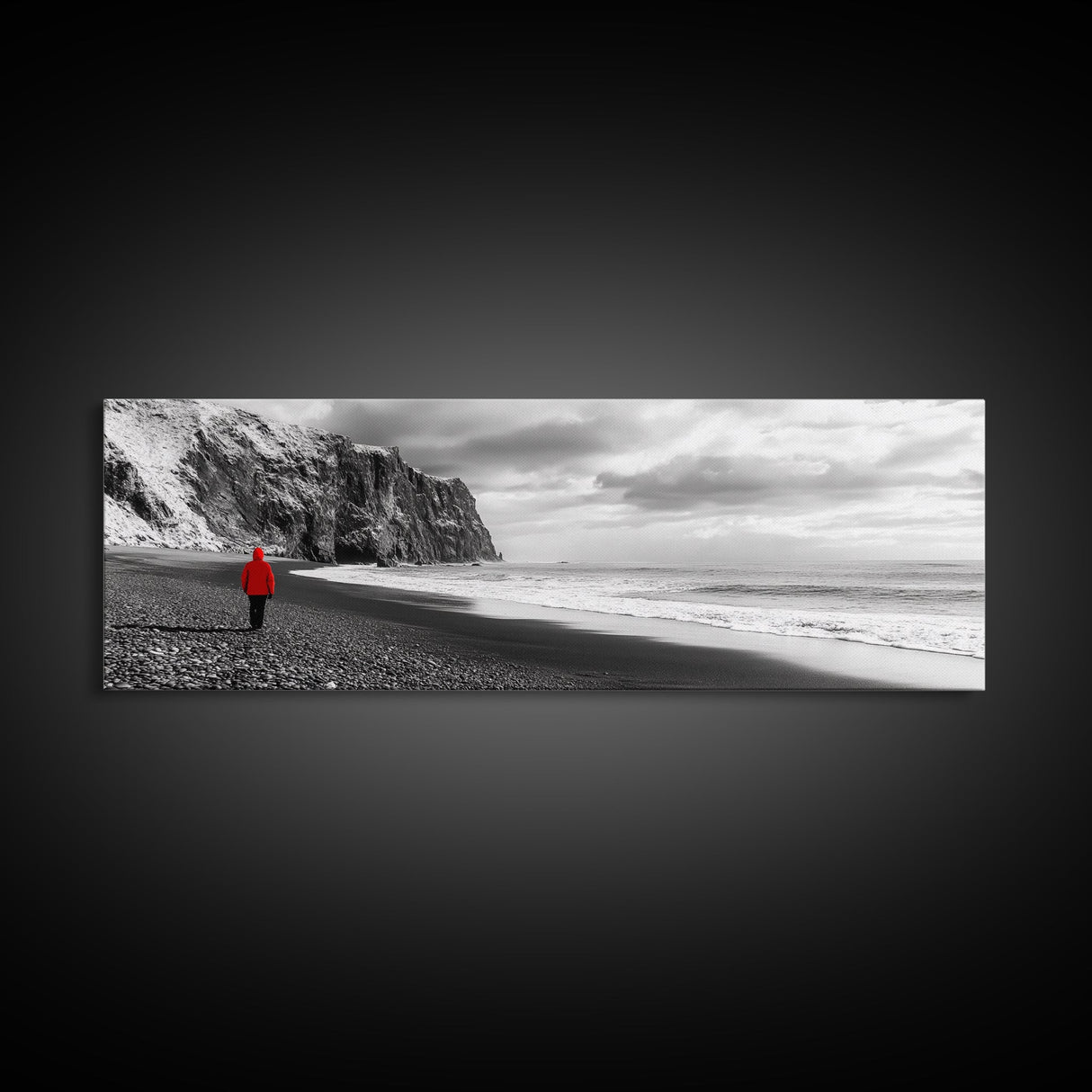 Red Jacket Wanderer, Moody Coastal Cliff Scene, Monochrome Photography, Framed Canvas Print, Modern Minimalist Office Wall Art