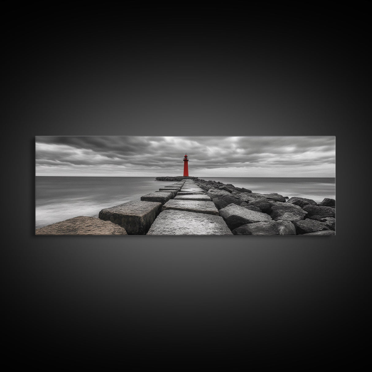 Red Lighthouse Coast, Seaside Rock Jetty, Stormy Sky Mood, Nautical Beacon View, Canvas Print, Bathroom Wall Art, Coastal Modern Decor
