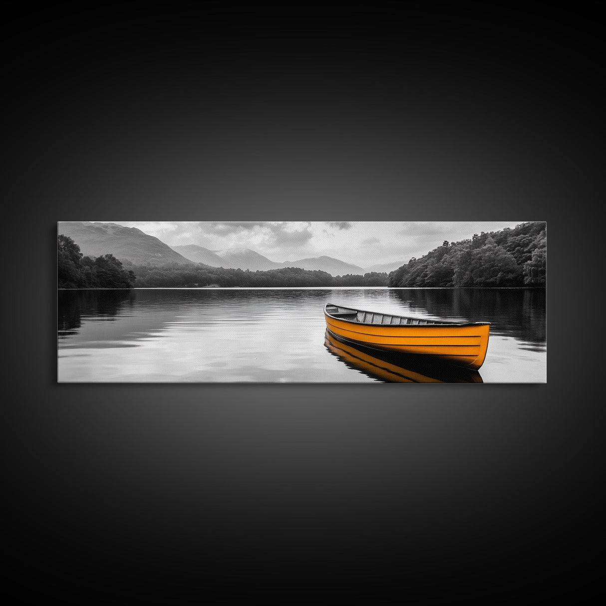 Golden Canoe, Lake Reflection, Tranquil Water, Adventure Scene, Canvas Print, Minimalist Wall Art, Bedroom Landscape, Cabin Decor