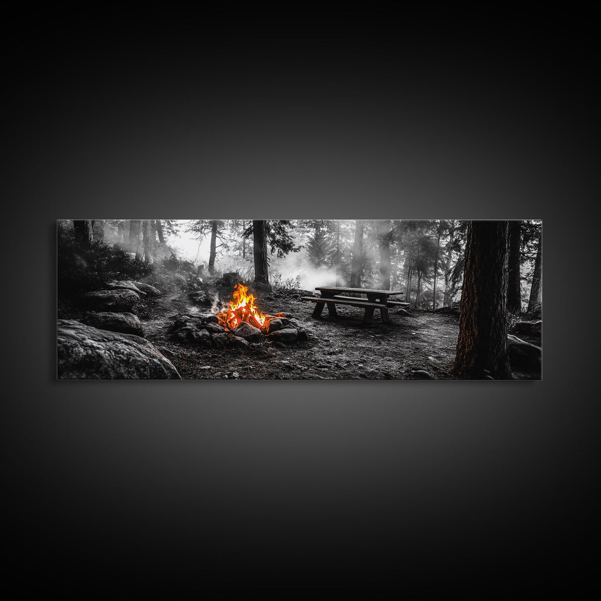 Forest Firepit, Picnic Spot, Smoky Trees, Nature Flame, Canvas Print, Fall Wall Art, Camping Cabin Decor, Rustic Outdoor Style