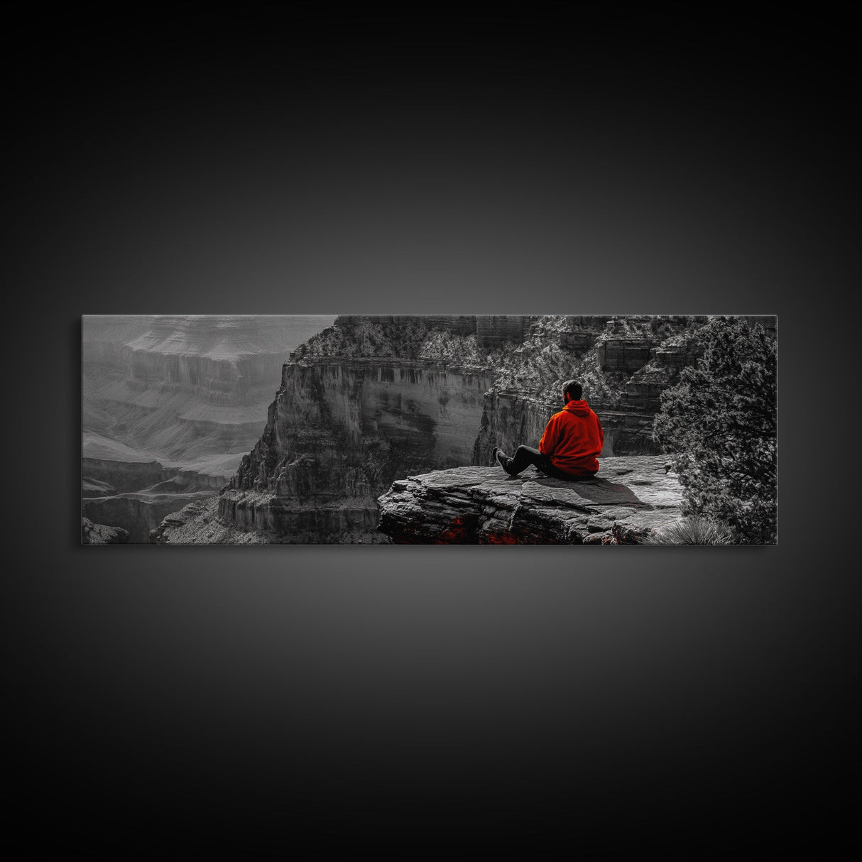 Grand Canyon, Meditation Art, Red Jacket, Adventure Scene, Framed Canvas Print, Hiking Wall Art, Man Cave Decor, Minimalist Landscape