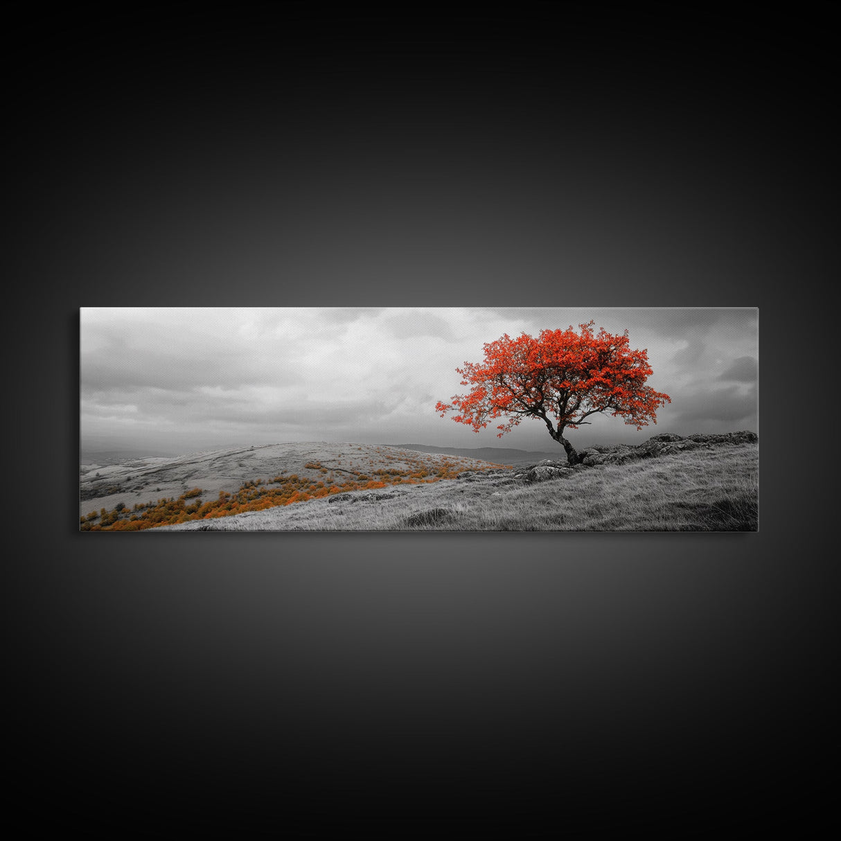 Red Tree, Hilltop Vista, Fall Landscape, Vibrant Nature, Framed Canvas Print, Autumn Wall Art, Living Room Nature Photography