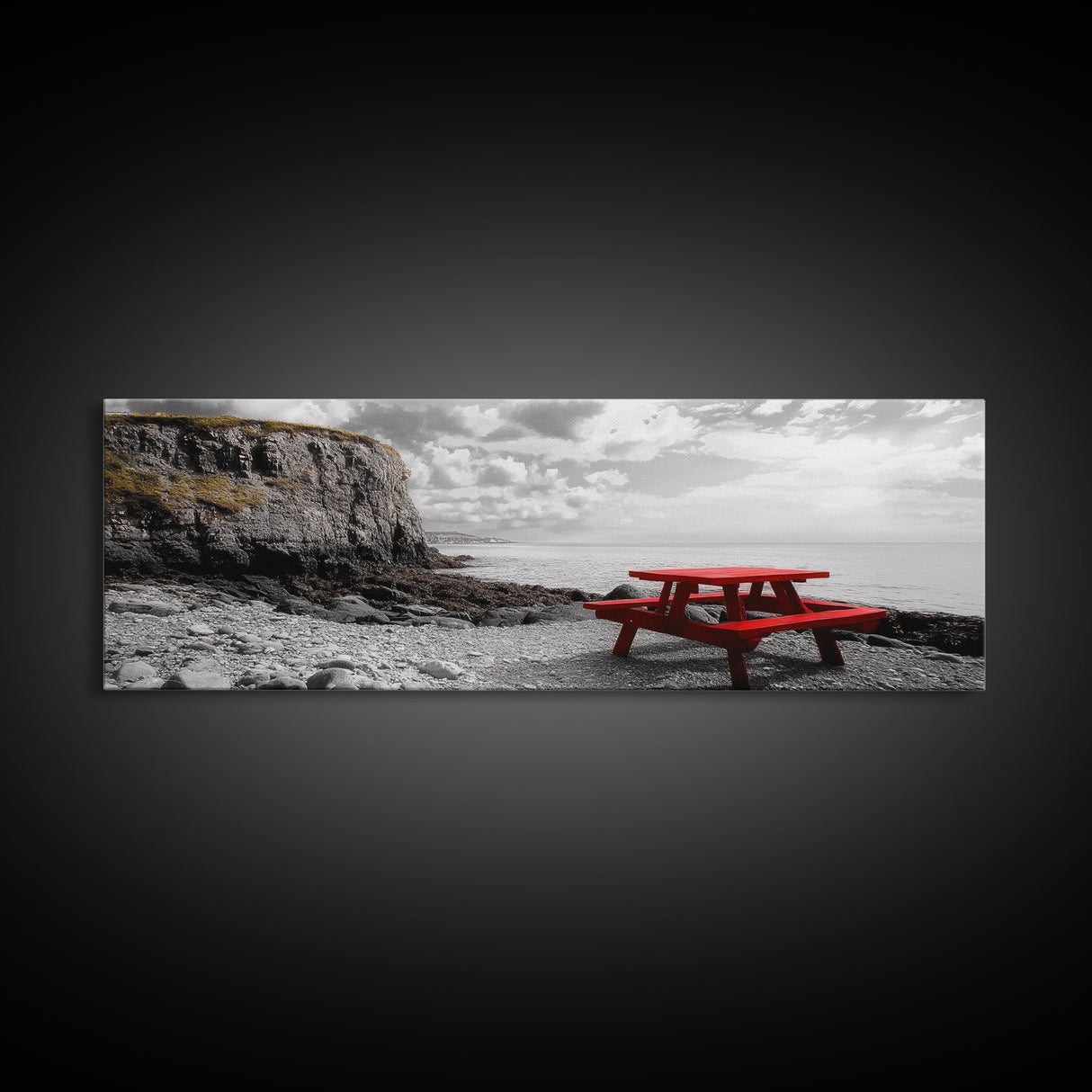 Red Picnic Table, Rocky Shore Cliffs, Bold Coastal View, Framed Canvas Print, Rustic Wall Art, Cabin Decor, Nature Lovers Gift