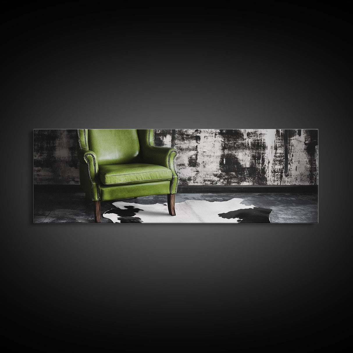 Green Leather Chair, Industrial Urban Scene, Chic Lounge Interior, Framed Canvas Print, Modern Wall Art, Man Cave Office Decor