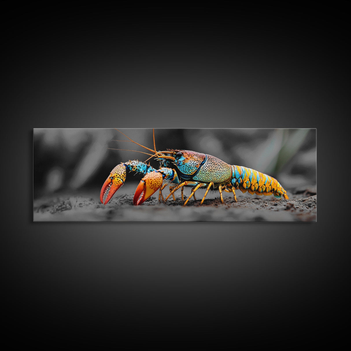 Rainbow Lobster Macro, Exotic Crustacean Art, Vivid Ocean Creature, Framed Canvas Print, Kitchen Wall Art, Coastal Nature Decor