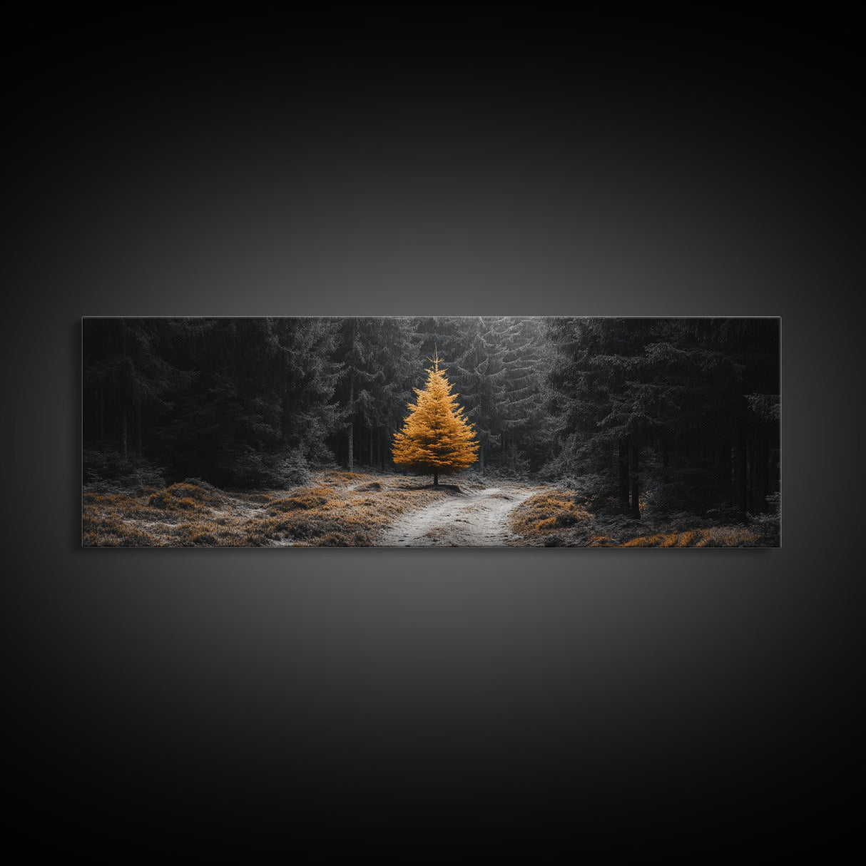 Lone Golden Tree, Forest Path Landscape, Moody Nature Wall Art, Framed Canvas Print, Minimalist Fall Decor, Entryway Accent Piece