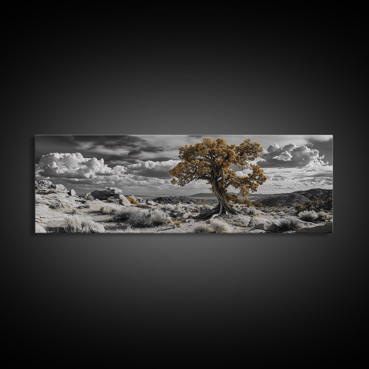 Twisted Desert Tree, Rocky Canyon Art, Dramatic Sky Nature Scene, Framed Canvas Print, Rustic Wall Decor, Moody Western Home Aesthetic