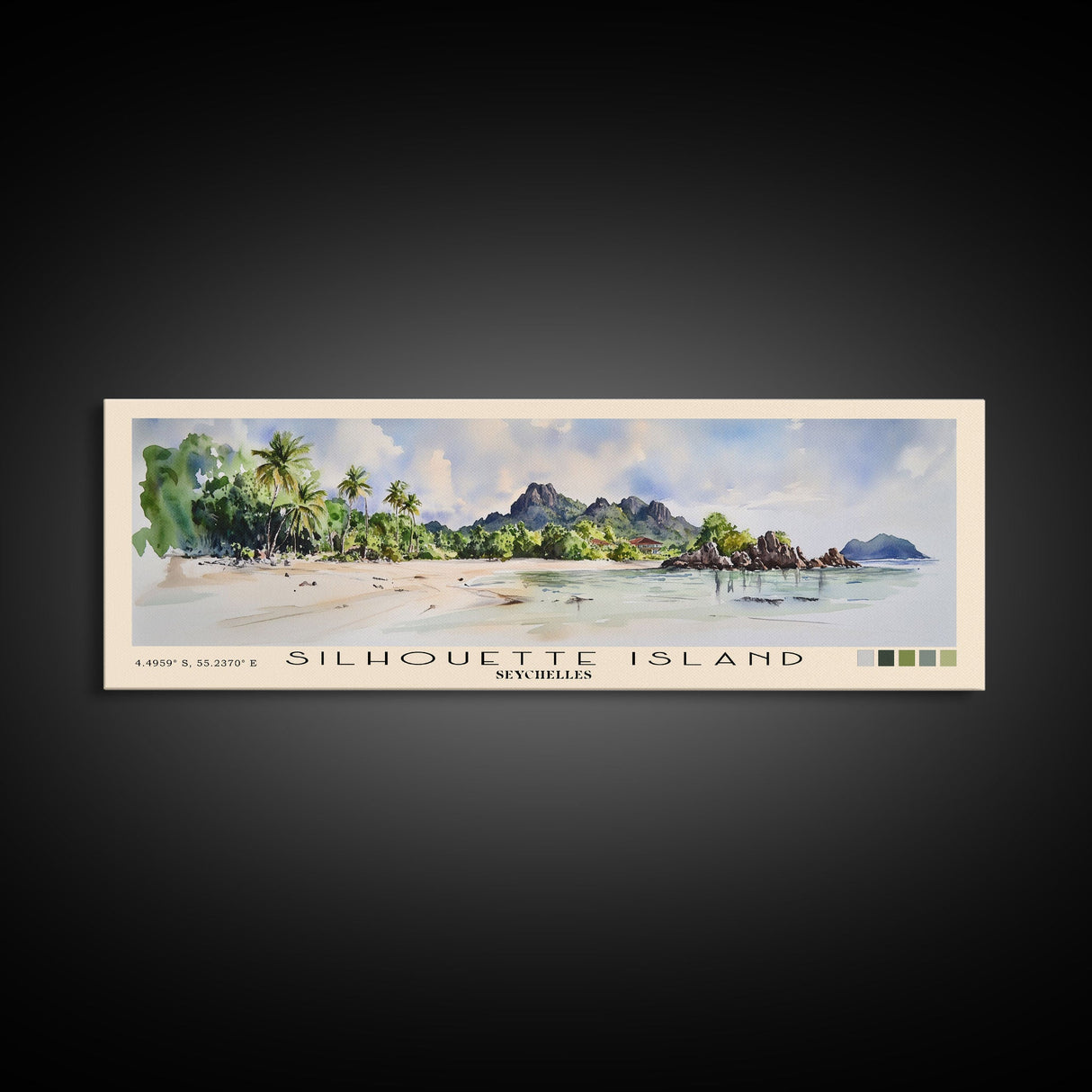 Silhouette Island, Seychelles Watercolor Print, Vacation Gift, Seychelles Wall Art, Beach Painting, Beach Decor, Large Wall Art, Wood Frame Art