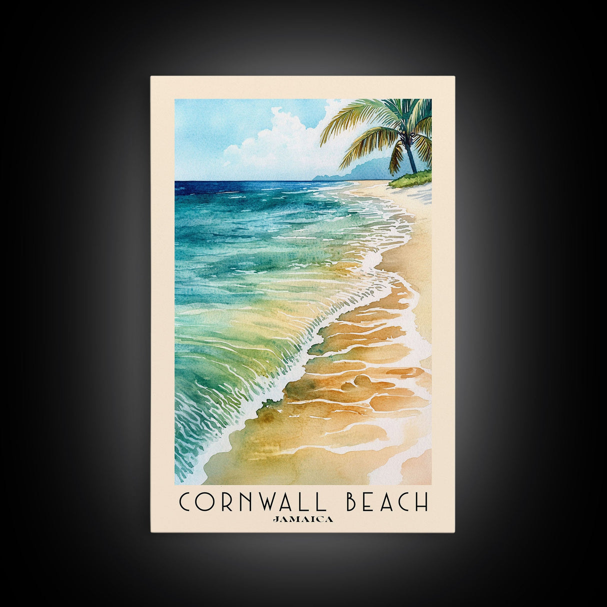 Cornwall Beach, Jamaica Watercolor Beach Print, Vacation Gift, Jamaica Wall Art, Framed Canvas Print, Framed Beach Painting