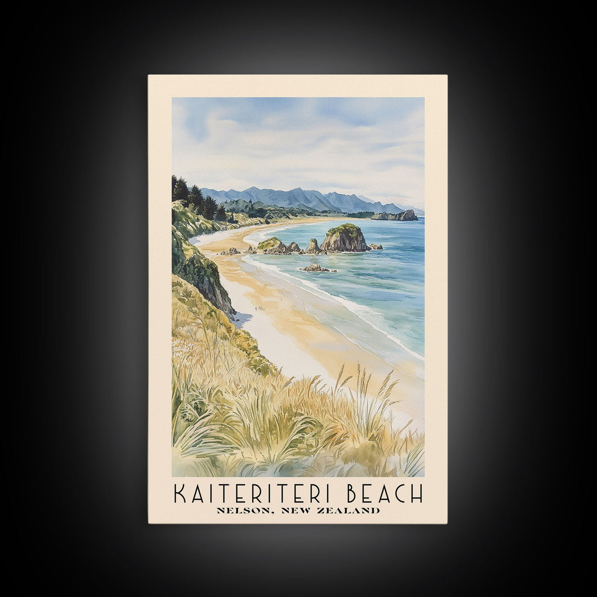 Kaiteriteri Beach, Nelson, New Zealand Watercolor Print, Vacation Gift, Nelson, New Zealand Wall Art, Beach Painting, Beach Decor, Large Wall Art, Wood Frame Art