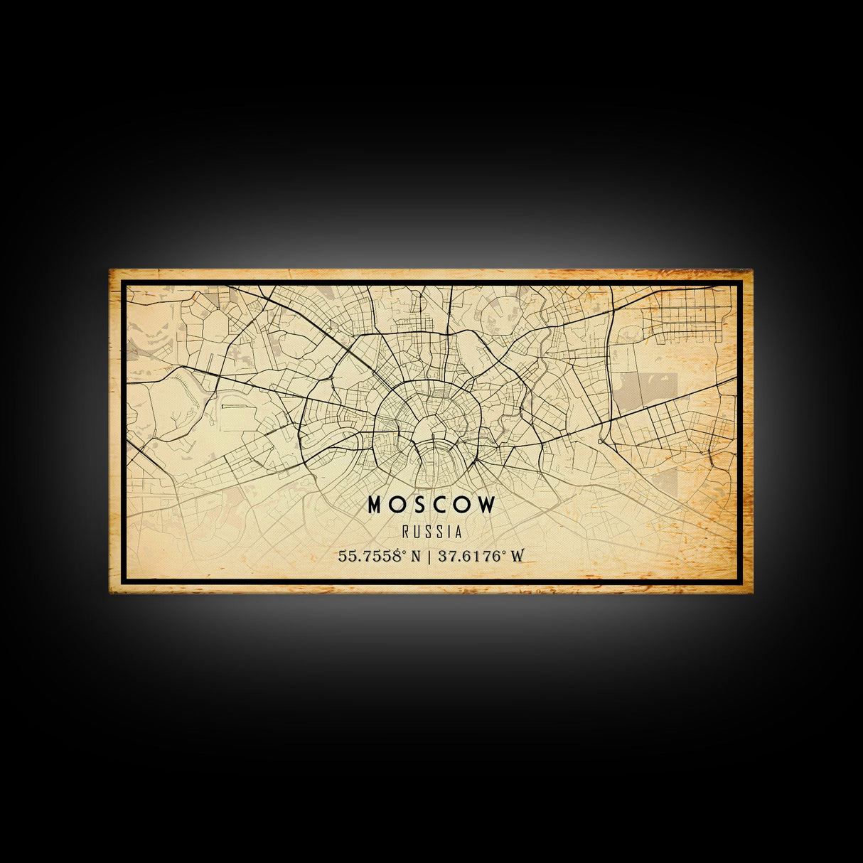 Vintage Style Moscow City Map Wall Art Canvas Print, Distressed Moscow Russia Map, Framed Wall Art, Cool Moscow Travel Wall Art, Office Art