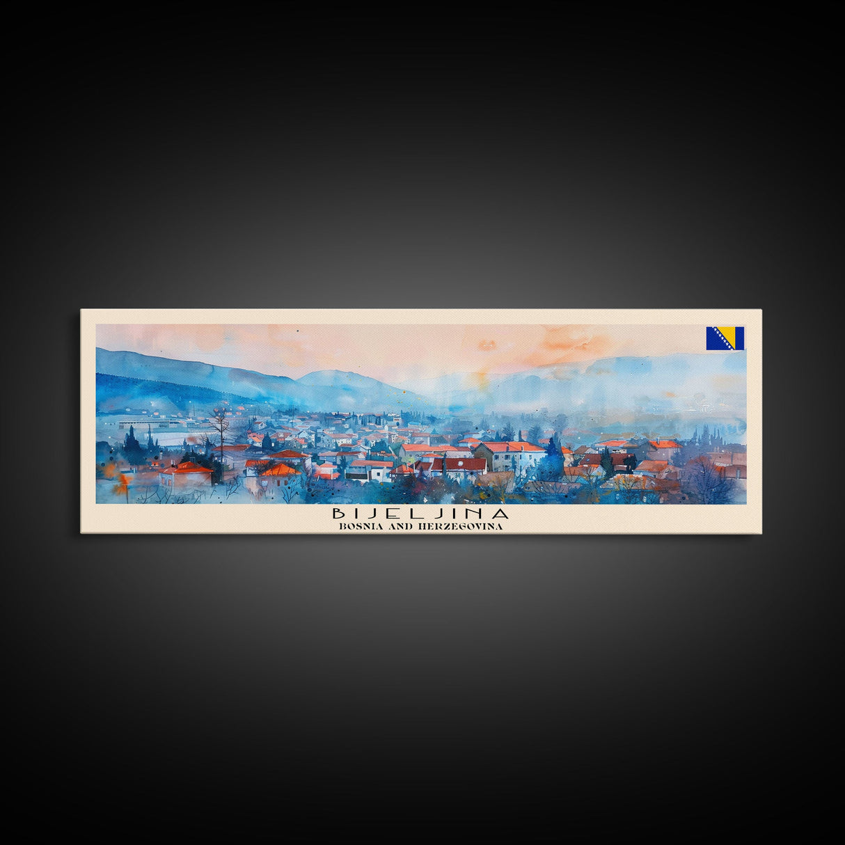 Bijeljina Bosnia Panoramic Travel Poster, Framed Canvas Print or Metal Wall Art, Travel Art, Home Decor, Panoramic Painting, Midcentury Art