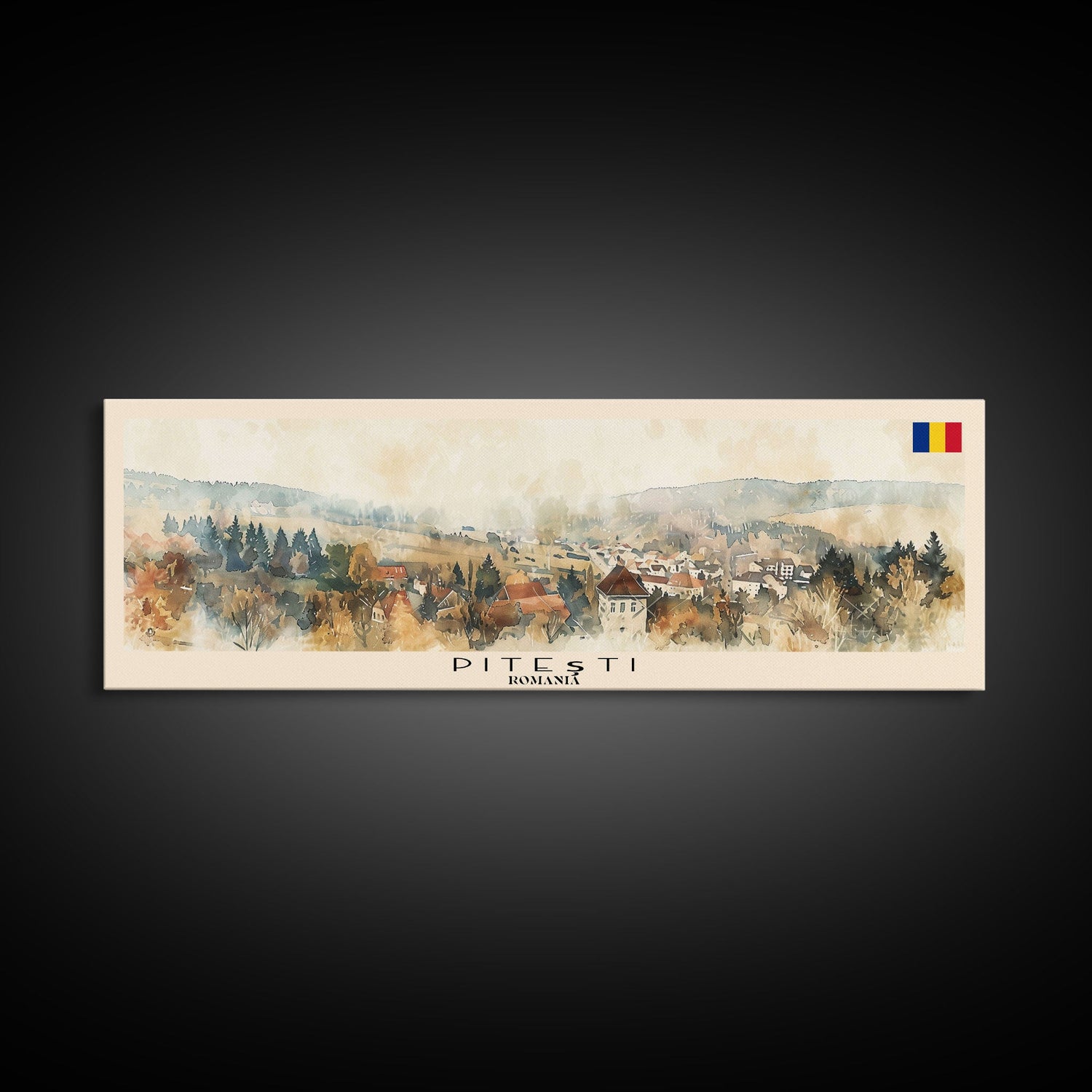 Piteti Romania Panoramic Travel Poster, Framed Canvas Print or Metal Wall Art, Travel Art, Home Decor, Panoramic Painting, Midcentury Art