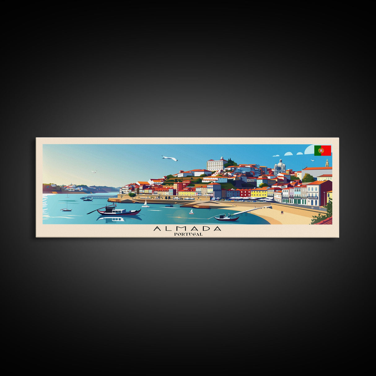Almada Portugal Travel Art, City Art, Framed Canvas Print or Metal Wall Art, Europe Travel Poster, Panoramic Wall Art, Extra Wide Wall Art