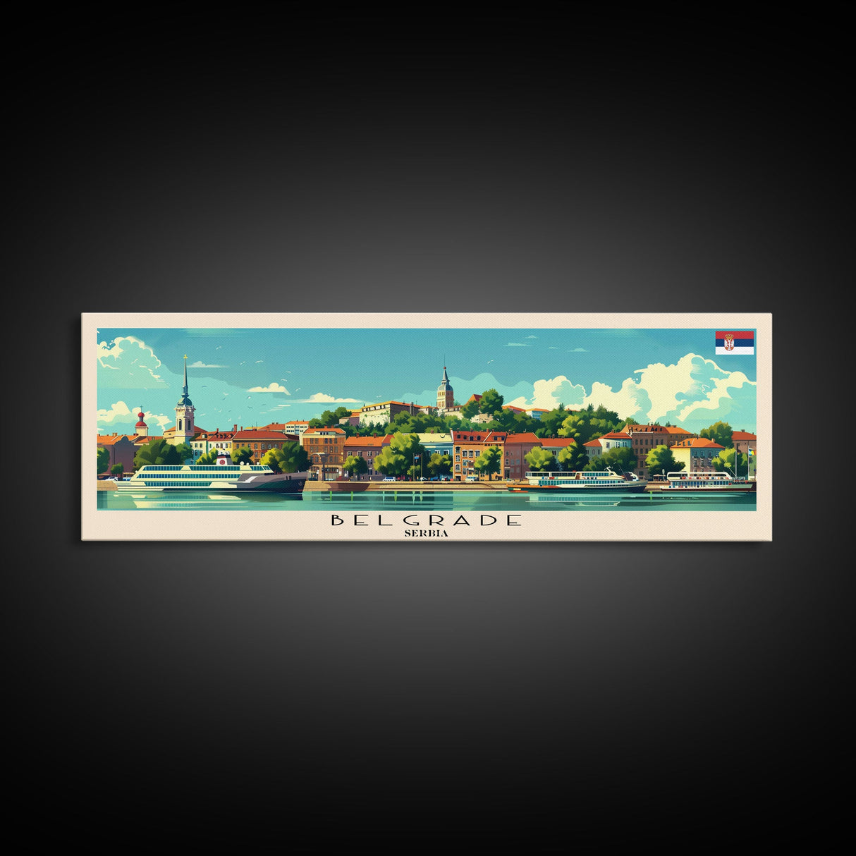 Belgrade Serbia Panoramic Travel Poster, Framed Canvas Print or Metal Wall Art, Travel Art, Home Decor, Panoramic Painting, Midcentury Art