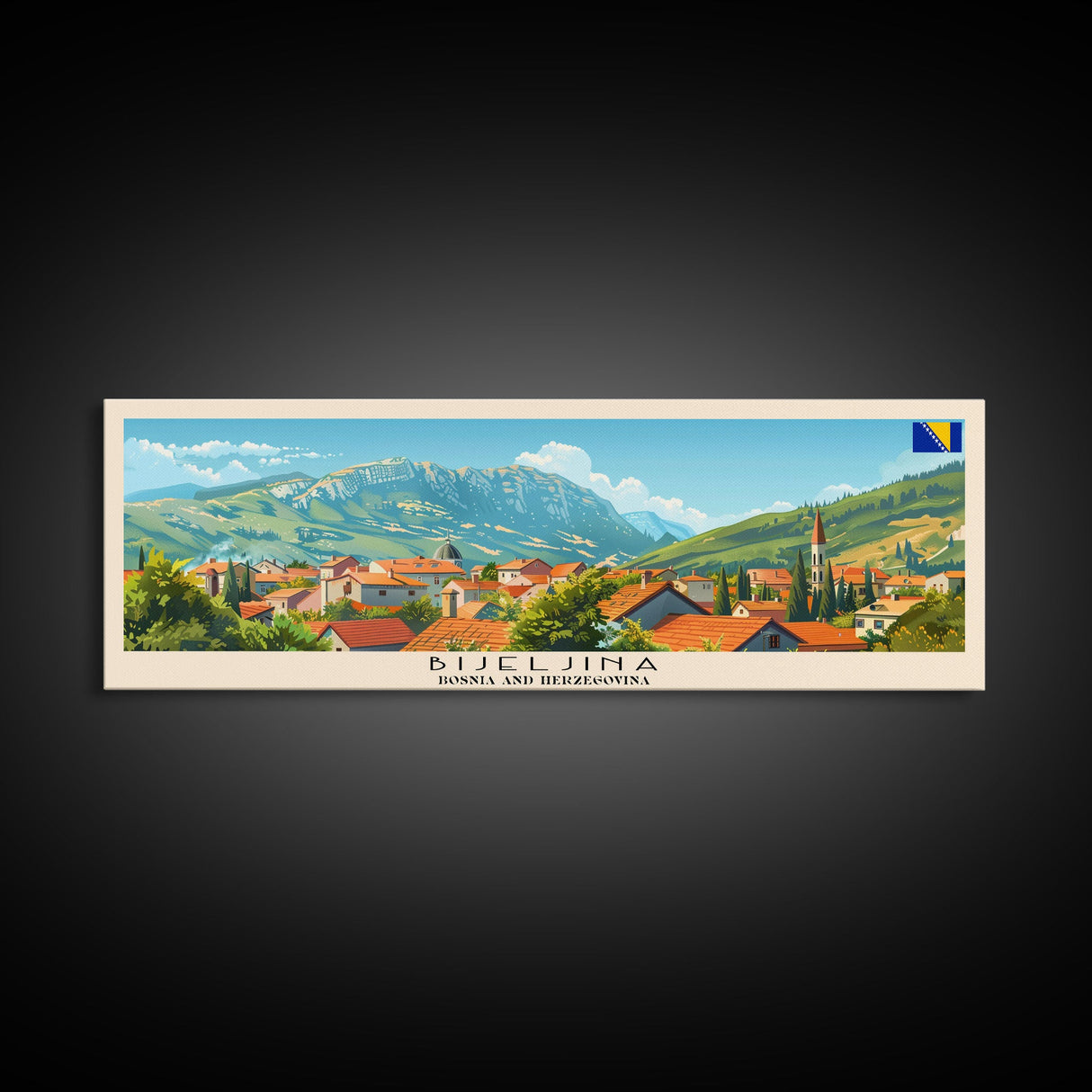 Bijeljina Bosnia Panoramic Travel Poster, Framed Canvas Print or Metal Wall Art, Travel Art, Home Decor, Panoramic Painting, Midcentury Art