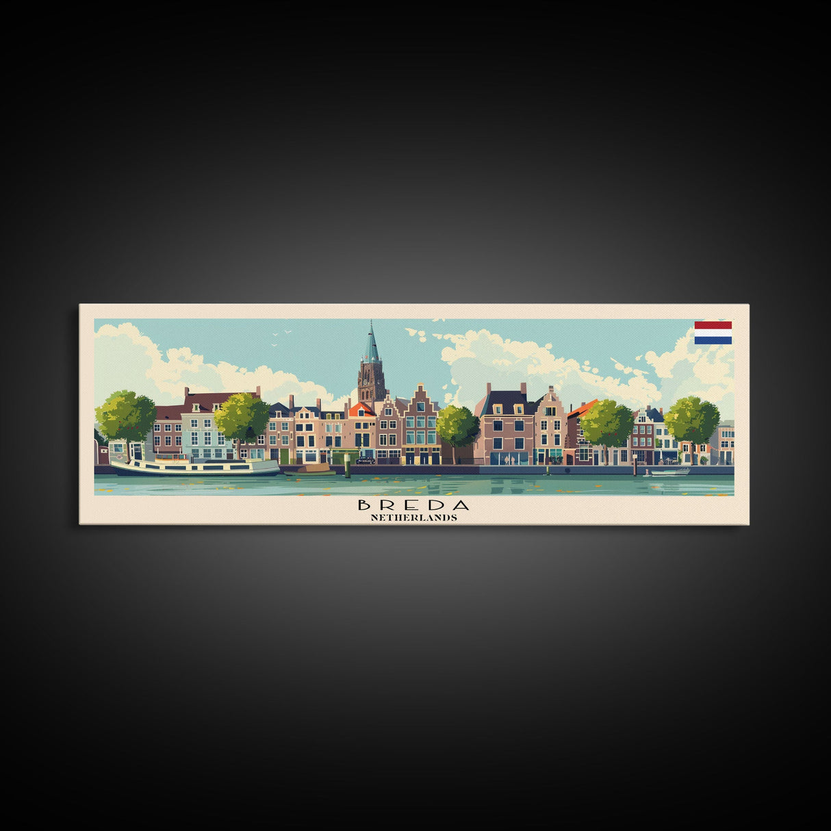 Breda Netherlands Panoramic Travel Poster, Framed Canvas Print or Metal Wall Art, Travel Art, Home Decor, Panoramic Painting, Midcentury Art