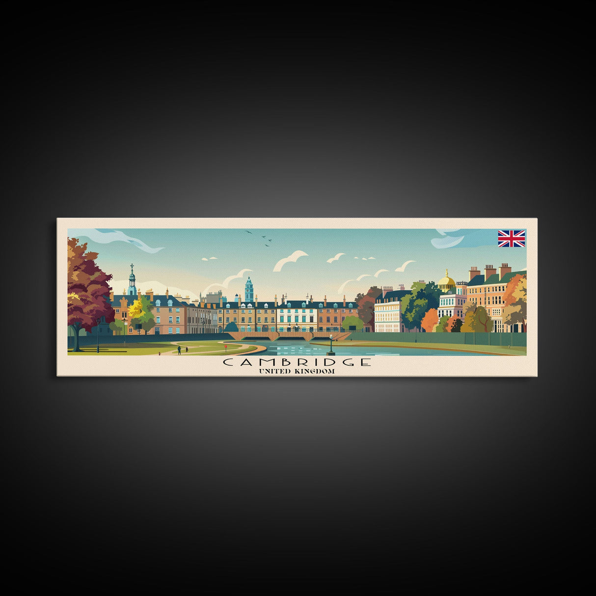 Cambridge United Kingdom Travel Print Wall Art, Panoramic City Art, Travel Art, Wall Decor, Vacation Gift, Framed Canvas Print Or Metal Art