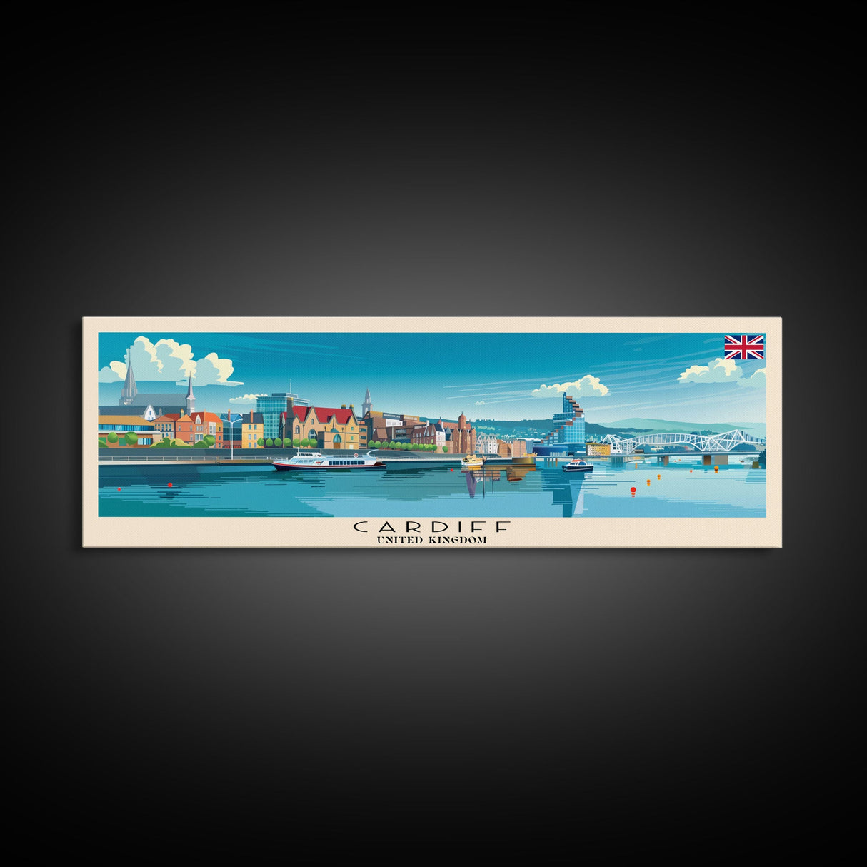 Cardiff United Kingdom Travel Art, City Art, Framed Canvas Print or Metal Wall Art, Europe Travel Poster, Panoramic Wall Art, Extra Wide Wall Art